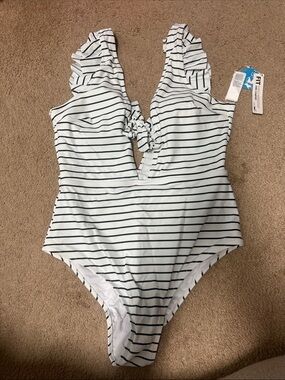 Cupshe White and Navy Striped Ruffle-Shoulder One-Piece Swim